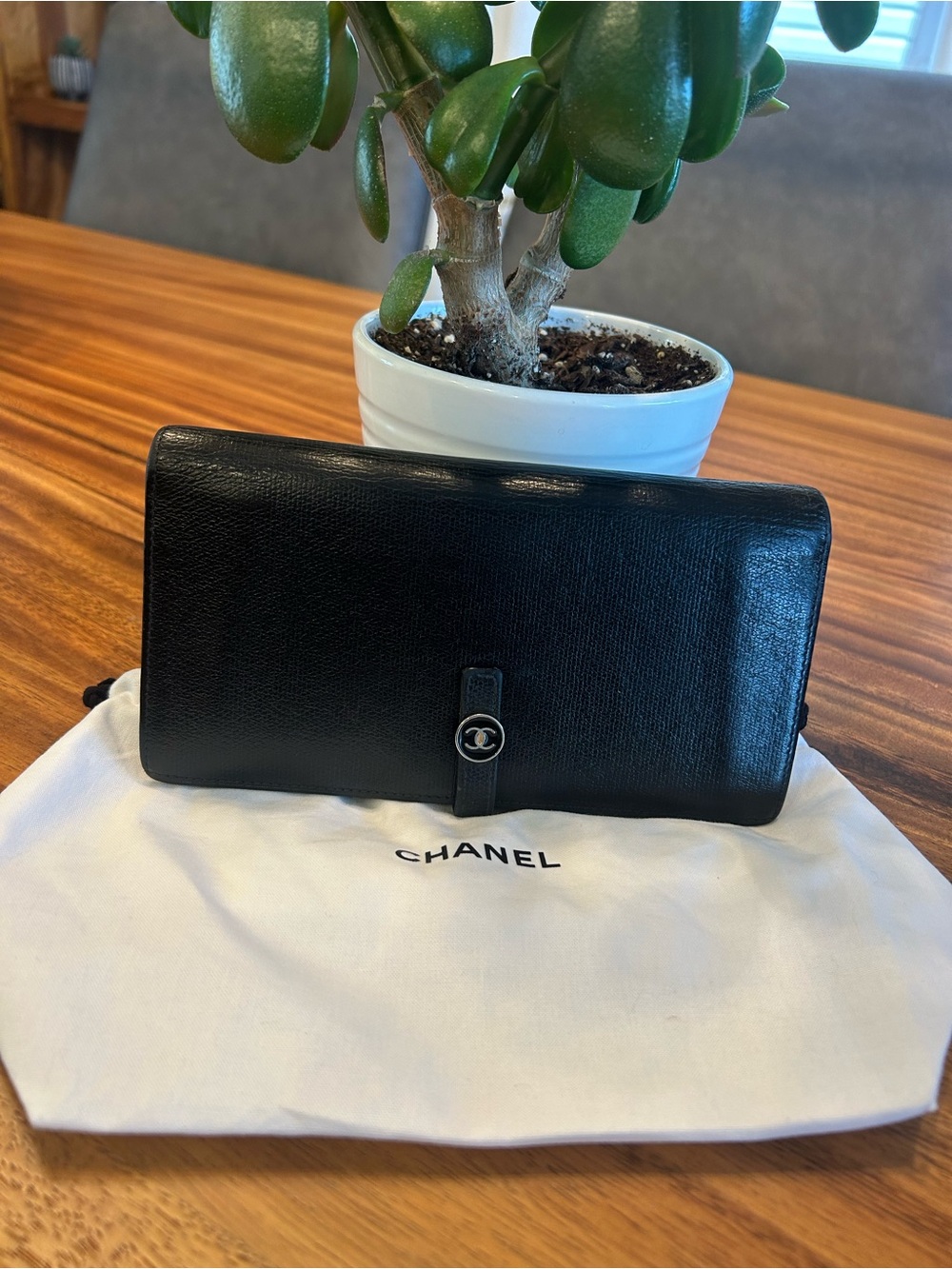 CHANEL Vintage Black Caviar Leather Coco Button Long Flap Wallet